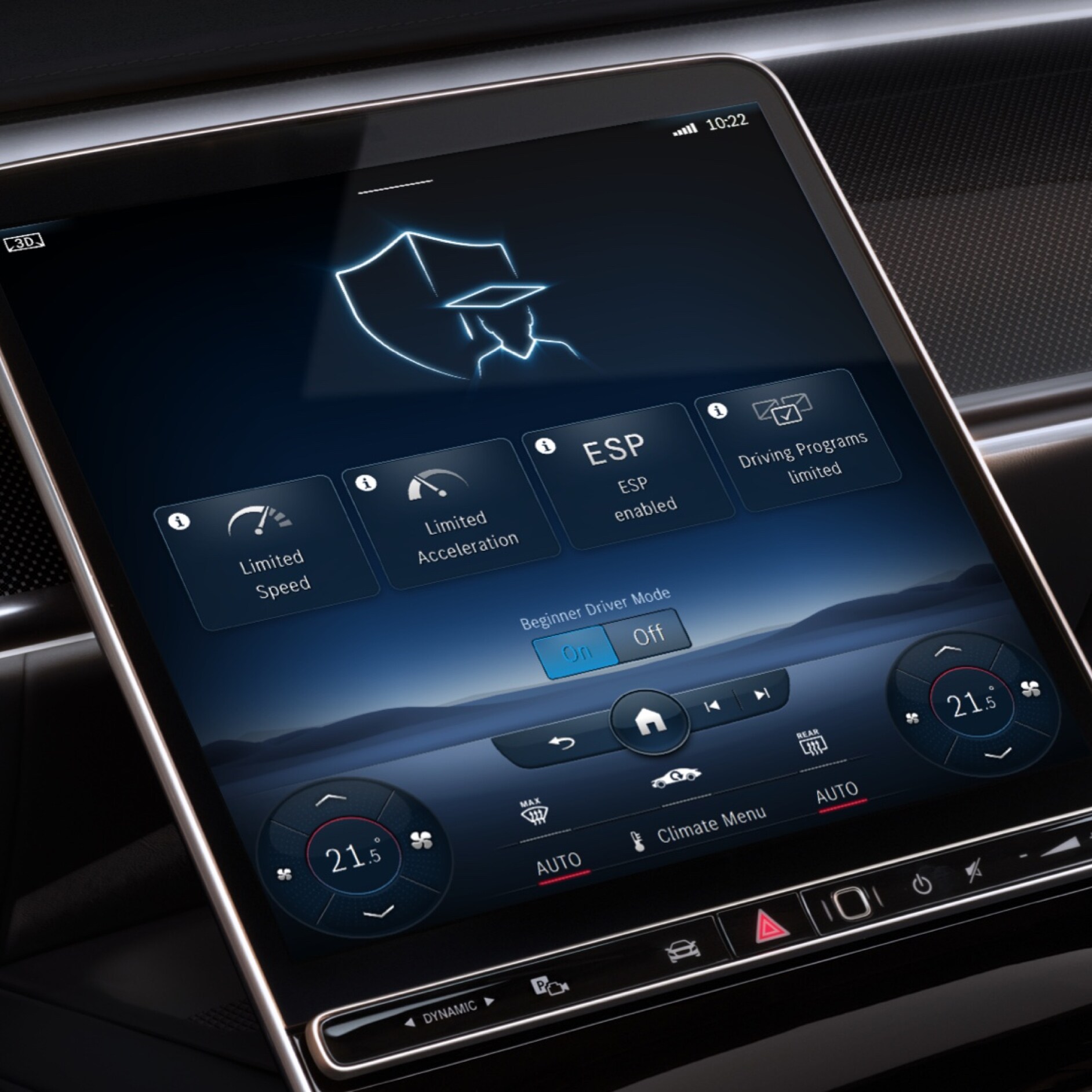 The MBUX multimedia system displays the main menu for the Beginner Drive and valet Service Mode.
