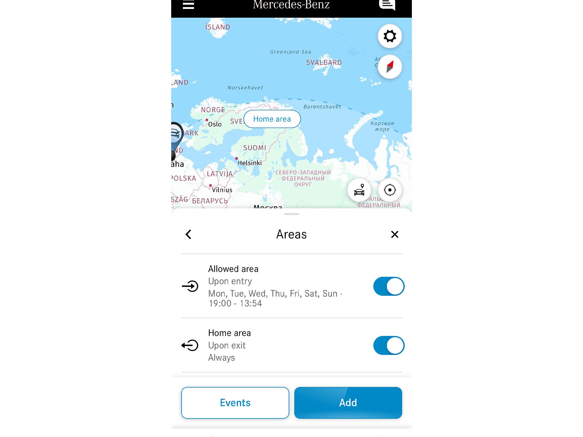 Op een smartphone wordt dankzij de Digitale extra  'Geografisch voertuigvolgsysteem' weergegeven of de auto een bepaald gebied in- of uitrijdt.