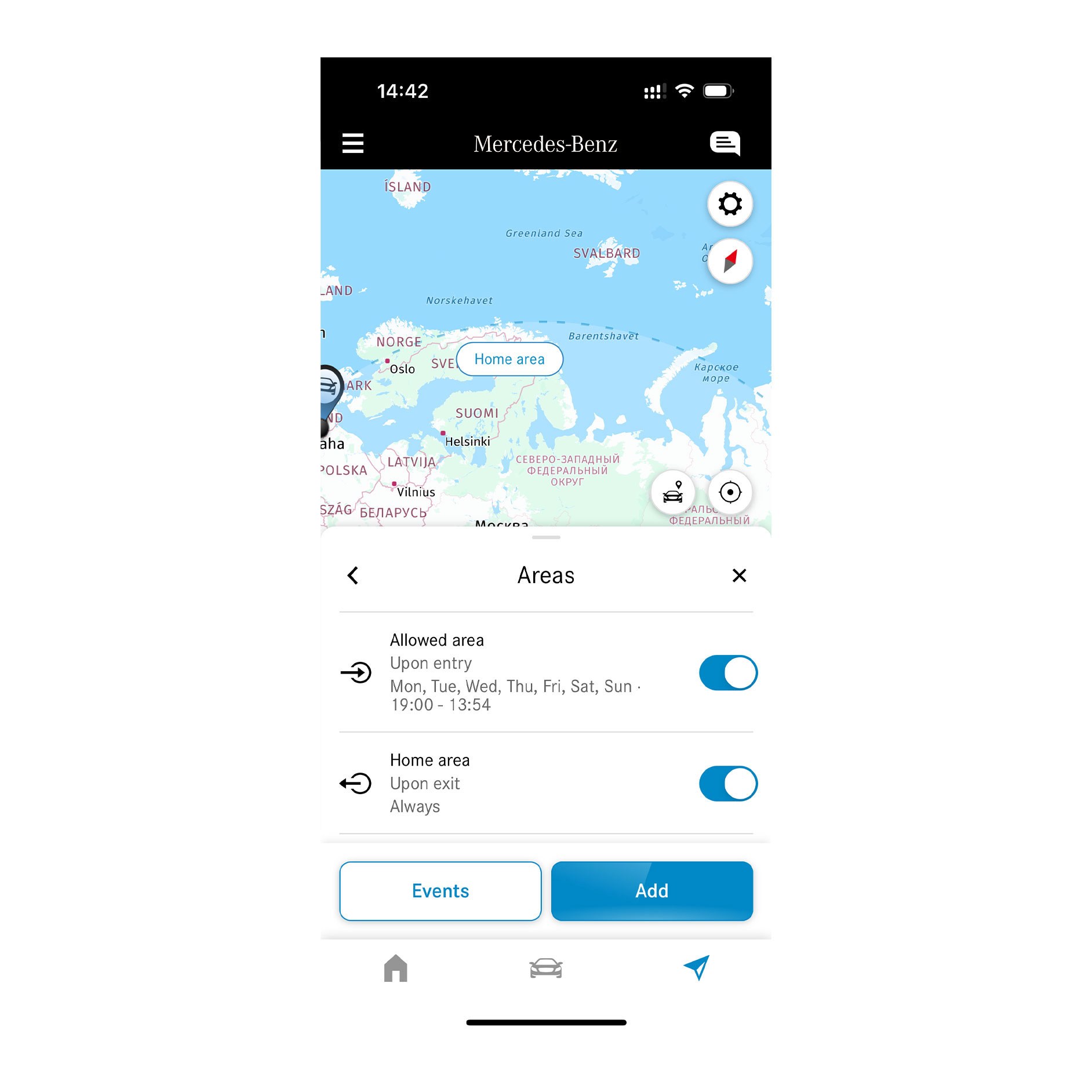 Geografisch voertuigvolgsysteem | Remote | Mercedes-Benz Op een smartphone wordt dankzij de Digitale extra 'Geografisch voertuigvolgsysteem' weergegeven of de auto een bepaald gebied in- of uitrijdt.
