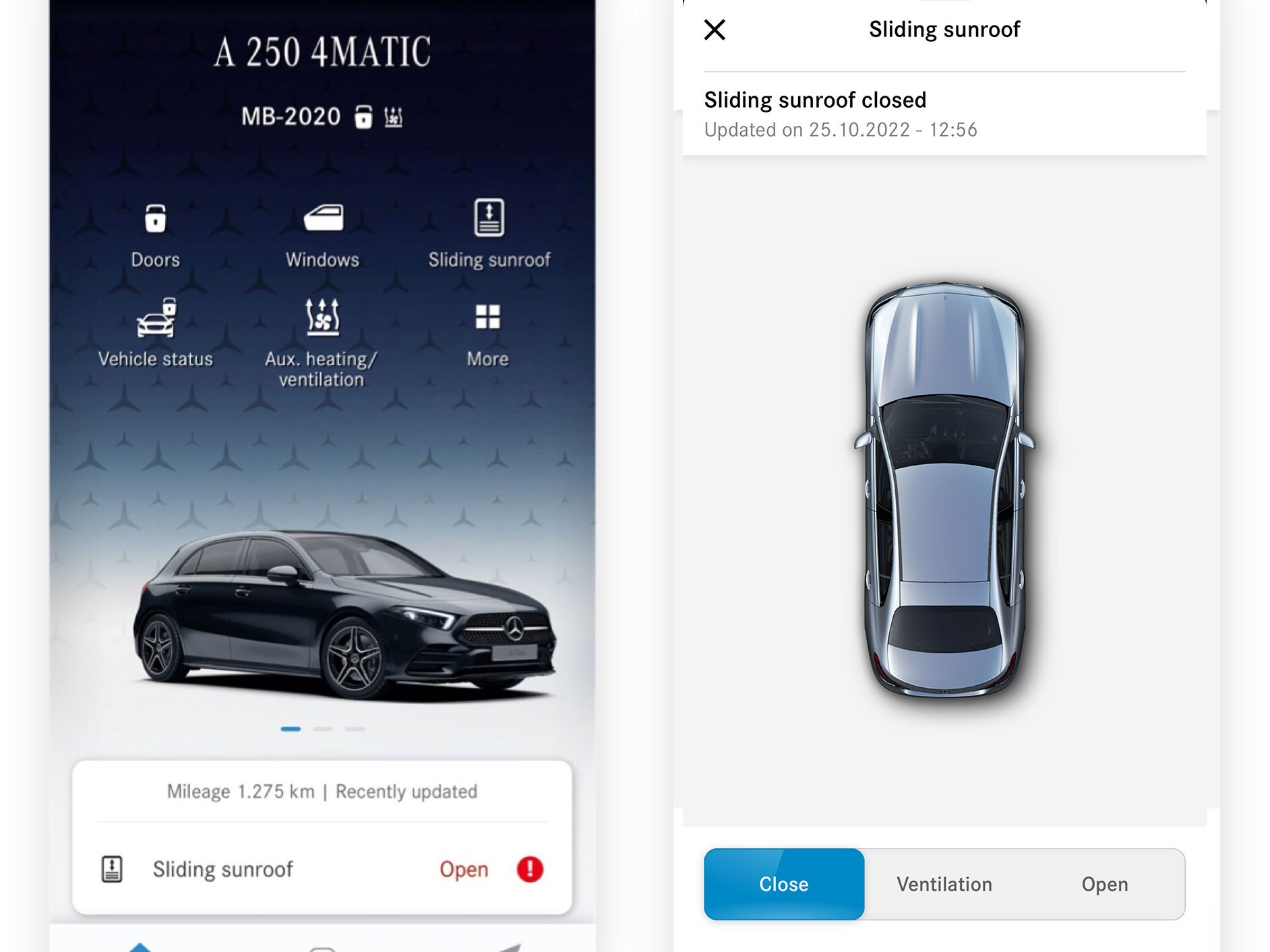 Op een smartphone zijn de verschillende schermen te zien die worden weergegeven wanneer de Digitale extra  'Remote control ramen/schuifdak' vaststelt dat het schuifdak niet is vergrendeld.