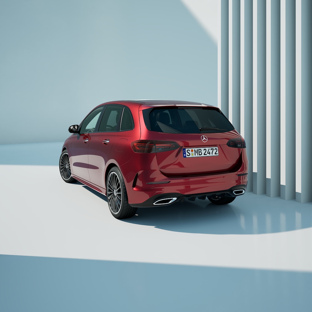 Achterzijde van de Mercedes-Benz B-Klasse.
