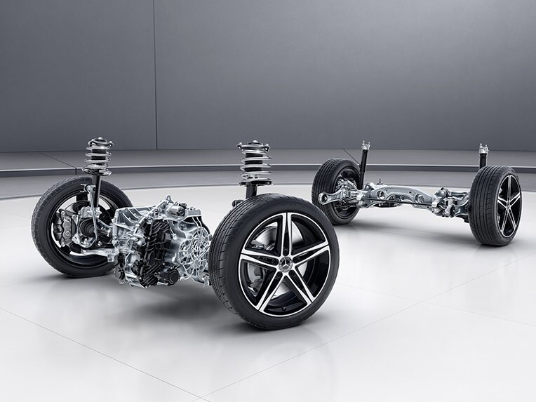 Technische illustratie van de A 45 S 4MATIC+ van Mercedes-AMG (AMG RIDE CONTROL-onderstel).