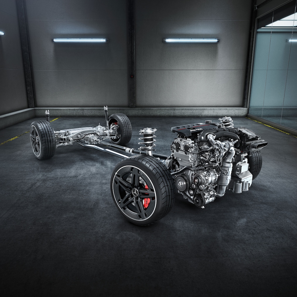 Het chassis met aandrijflijn van de Mercedes-AMG A 35 4MATIC of A 45 S 4MATIC+