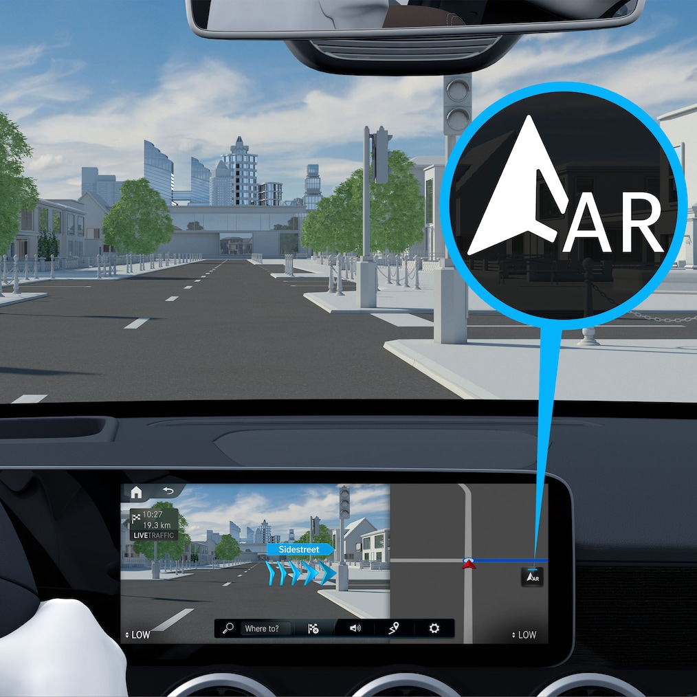Werking van de digitale extra ‘MBUX Augmented Reality voor navigatie’ in de Mercedes-Benz CLA Coupé.