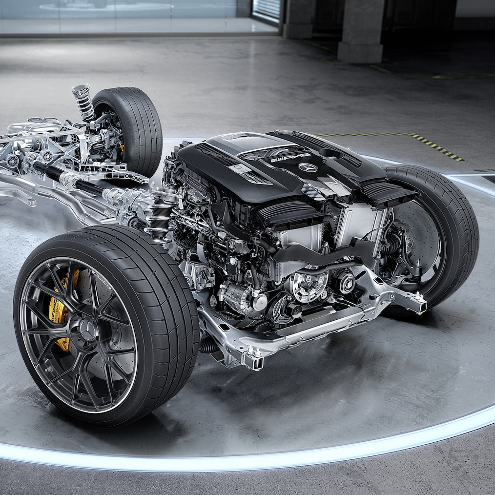 De 4,0-liter V8-biturbomotor van de Mercedes-AMG GT 55 Coupé.
