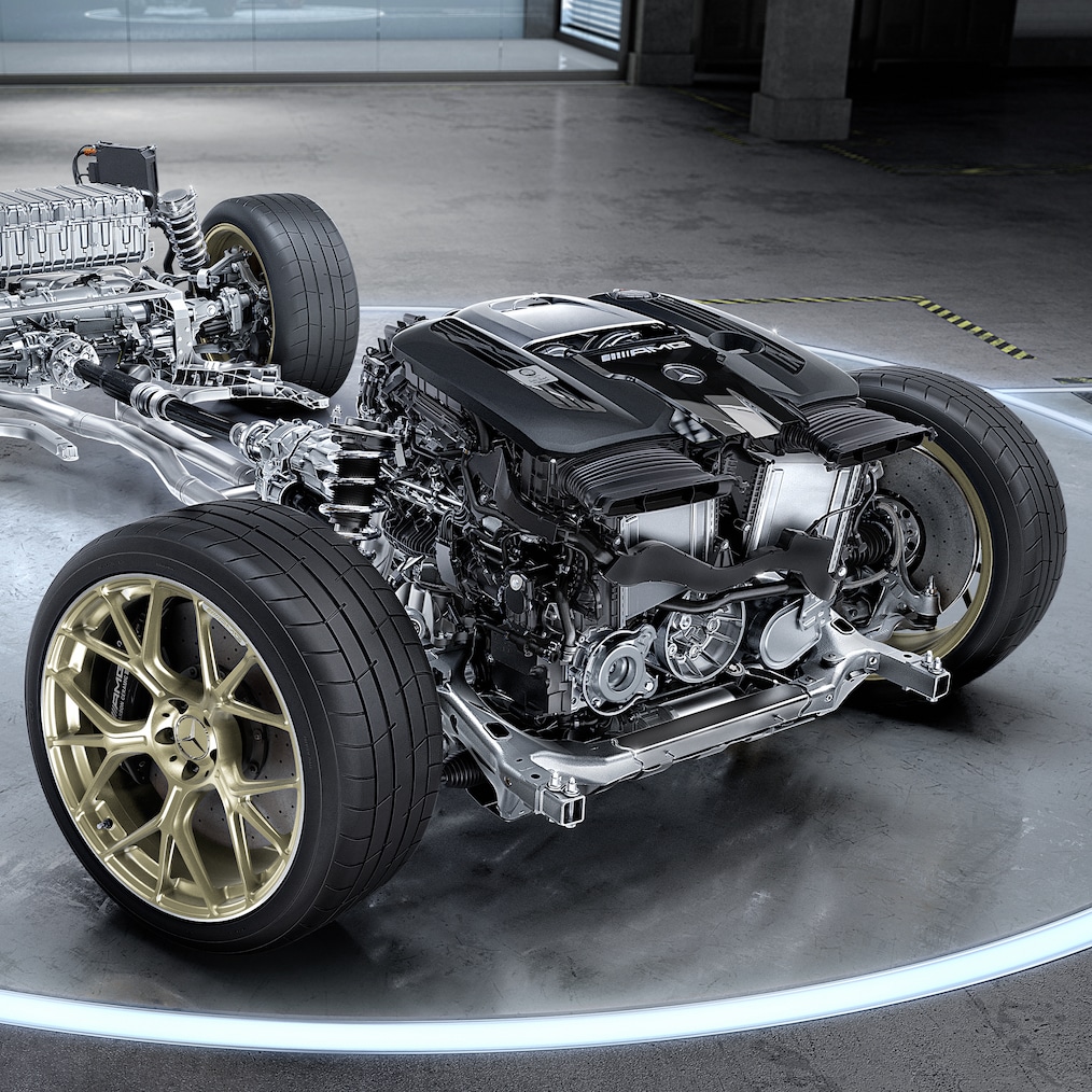 De hybride aandrijflijn van de Mercedes-AMG GT 63 S E PERFORMANCE Coupé.