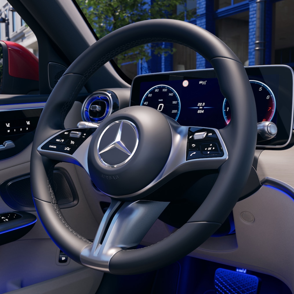Het nieuwe stuurwiel in de nieuwe Mercedes-Benz C-Klasse Estate.