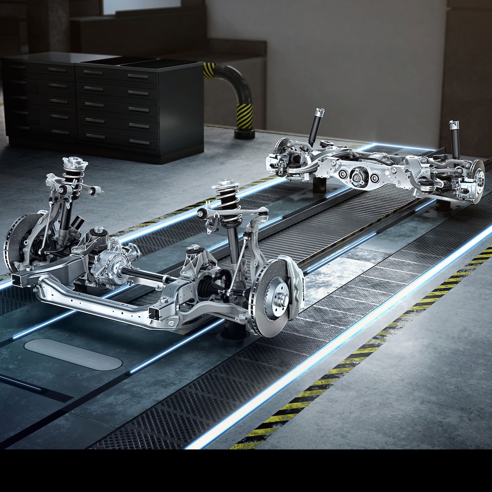 Het chassis met aandrijflijn van de Mercedes-AMG C 43.