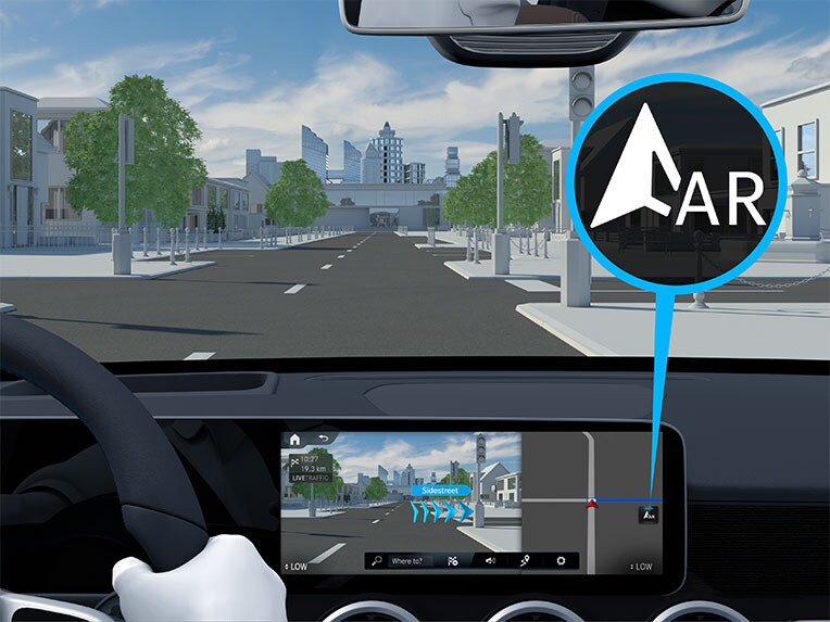 Werking van MBUX augmented reality voor navigatie in de Mercedes-Benz CLA Shooting Brake.
