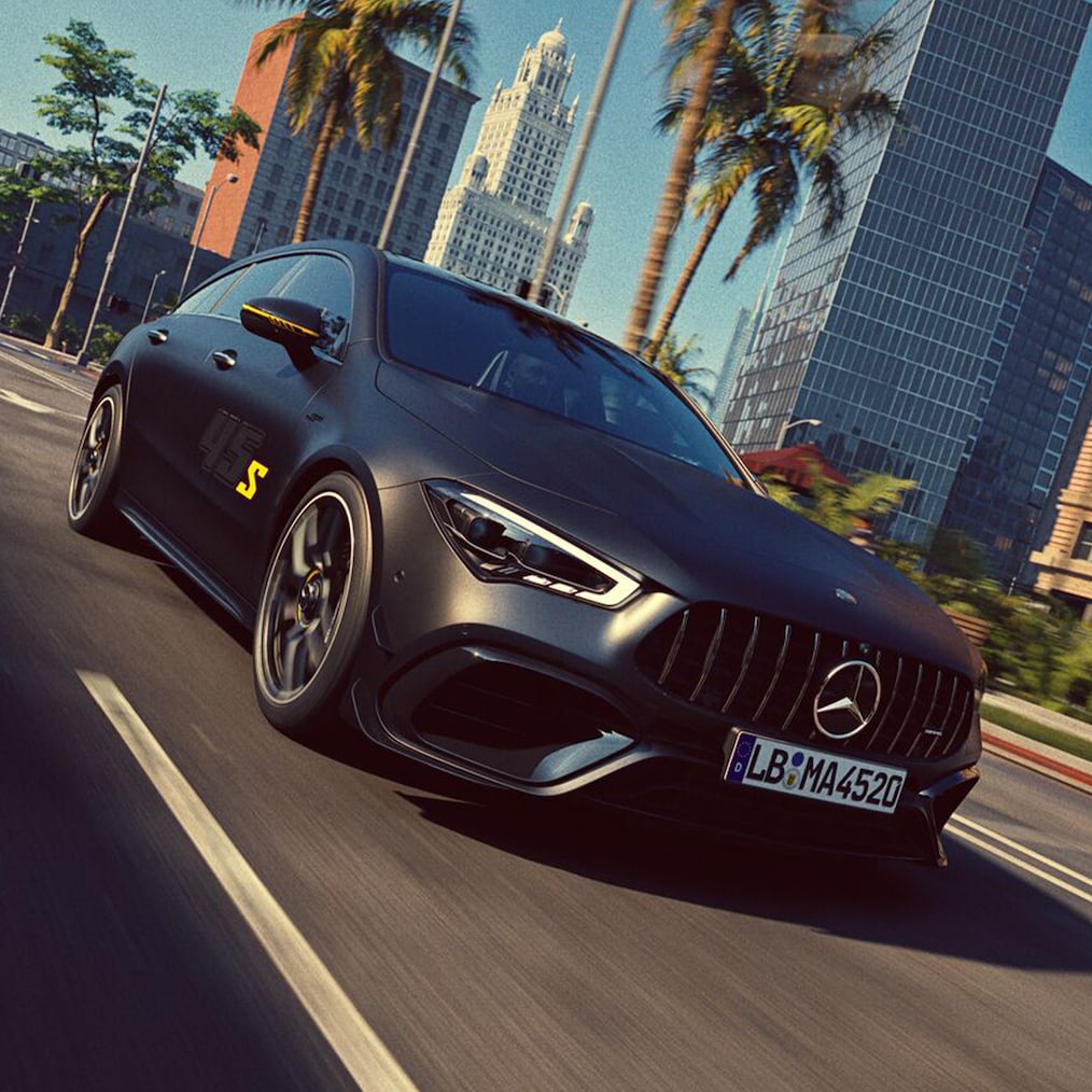 De Mercedes-AMG CLA 45 S 4MATIC+ Shooting Brake Final Edition in MANUFAKTUR mountain grey MAGNO of Night Black.