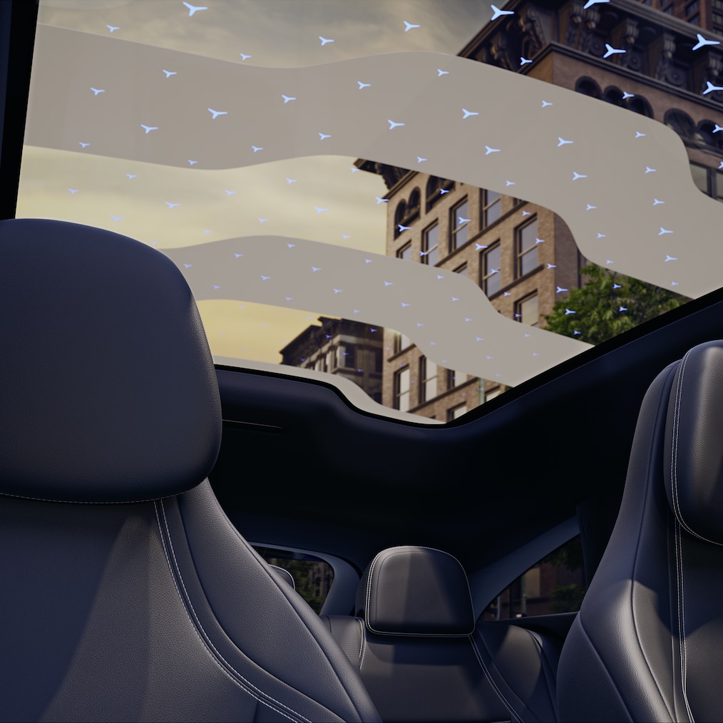 In vogelvlucht van het SKY CONTROL panoramadak met verlicht patroon.