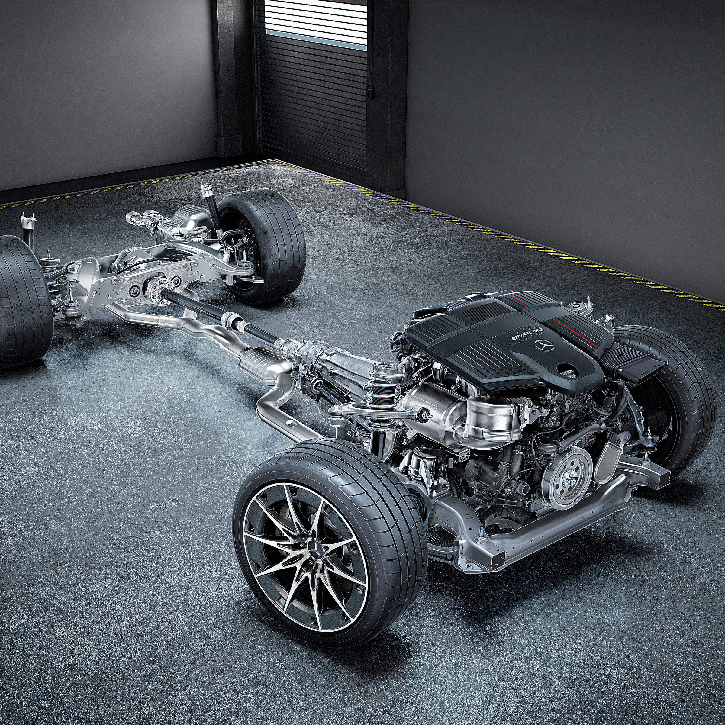 Aanzicht van de aandrijflijn met de 3.0 liter zescilinder lijnmotor en AMG Performance 4MATIC+.