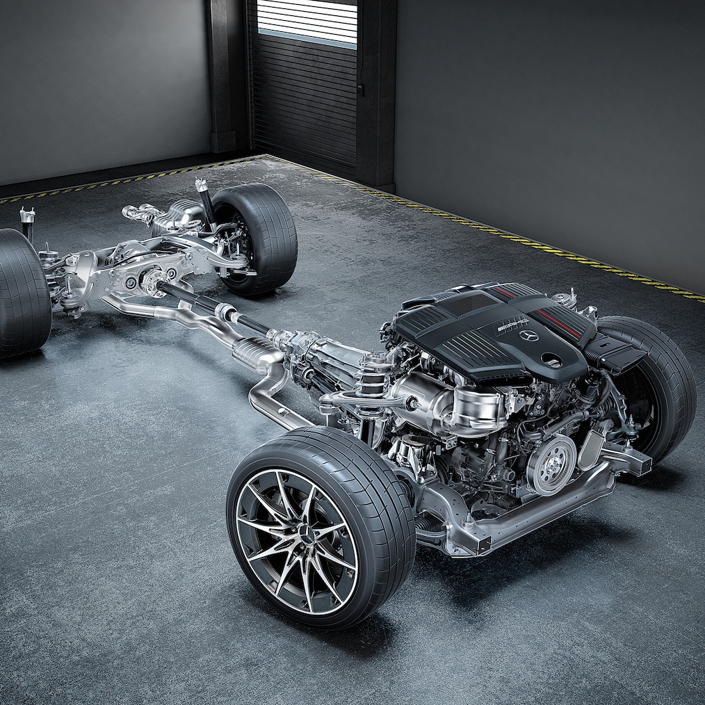 Aanzicht van de aandrijflijn met de 3.0 liter zescilinder lijnmotor en AMG Performance 4MATIC+.