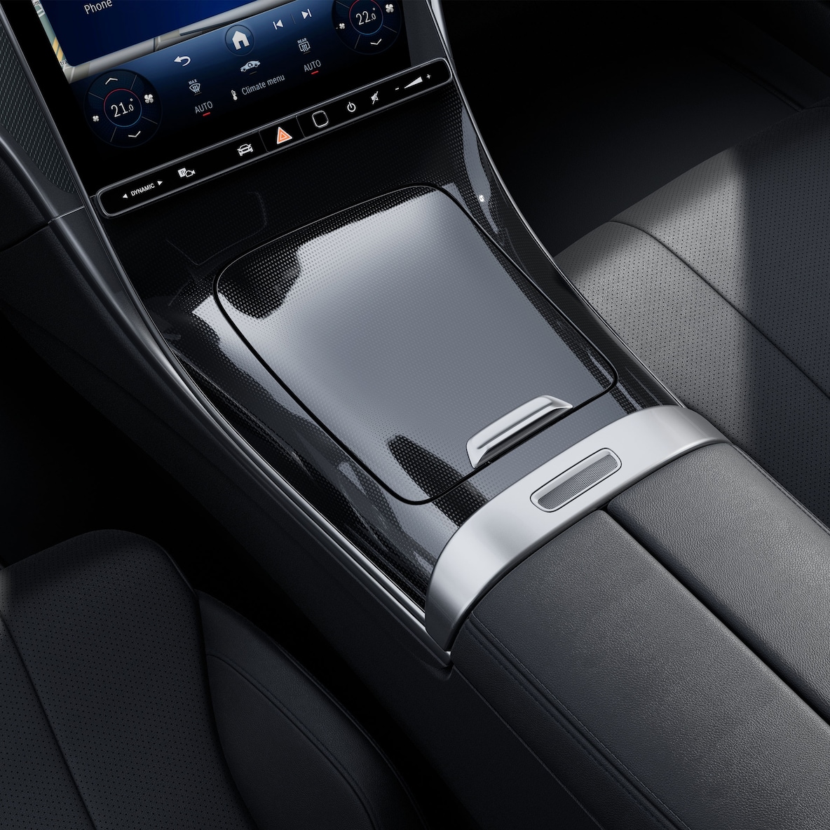 De middenconsole in zwart met verfijnde structurering in de Mercedes-Benz CLE Coupé.