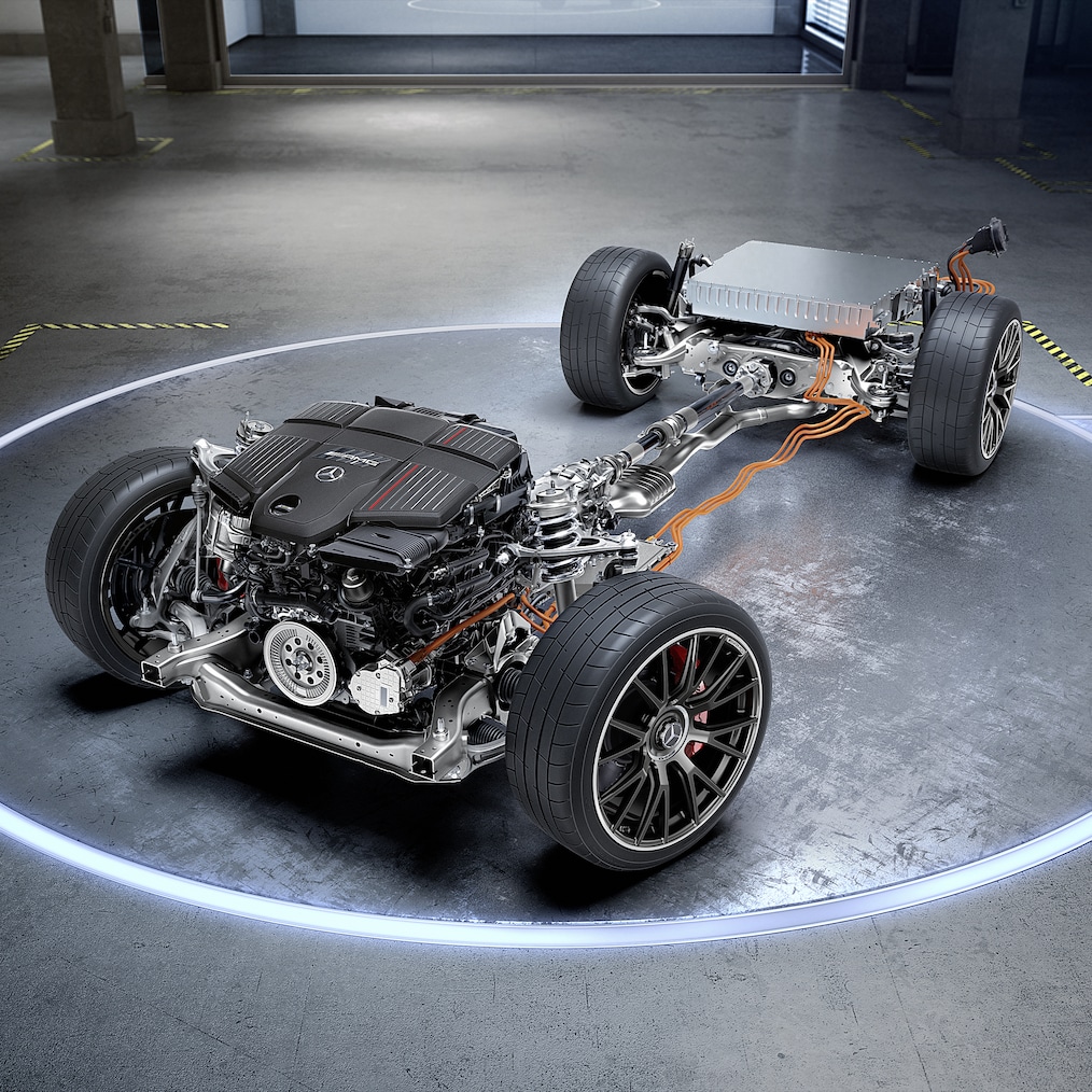 Chassis en aandrijflijn van de Mercedes-AMG E 53 HYBRID 4MATIC+.