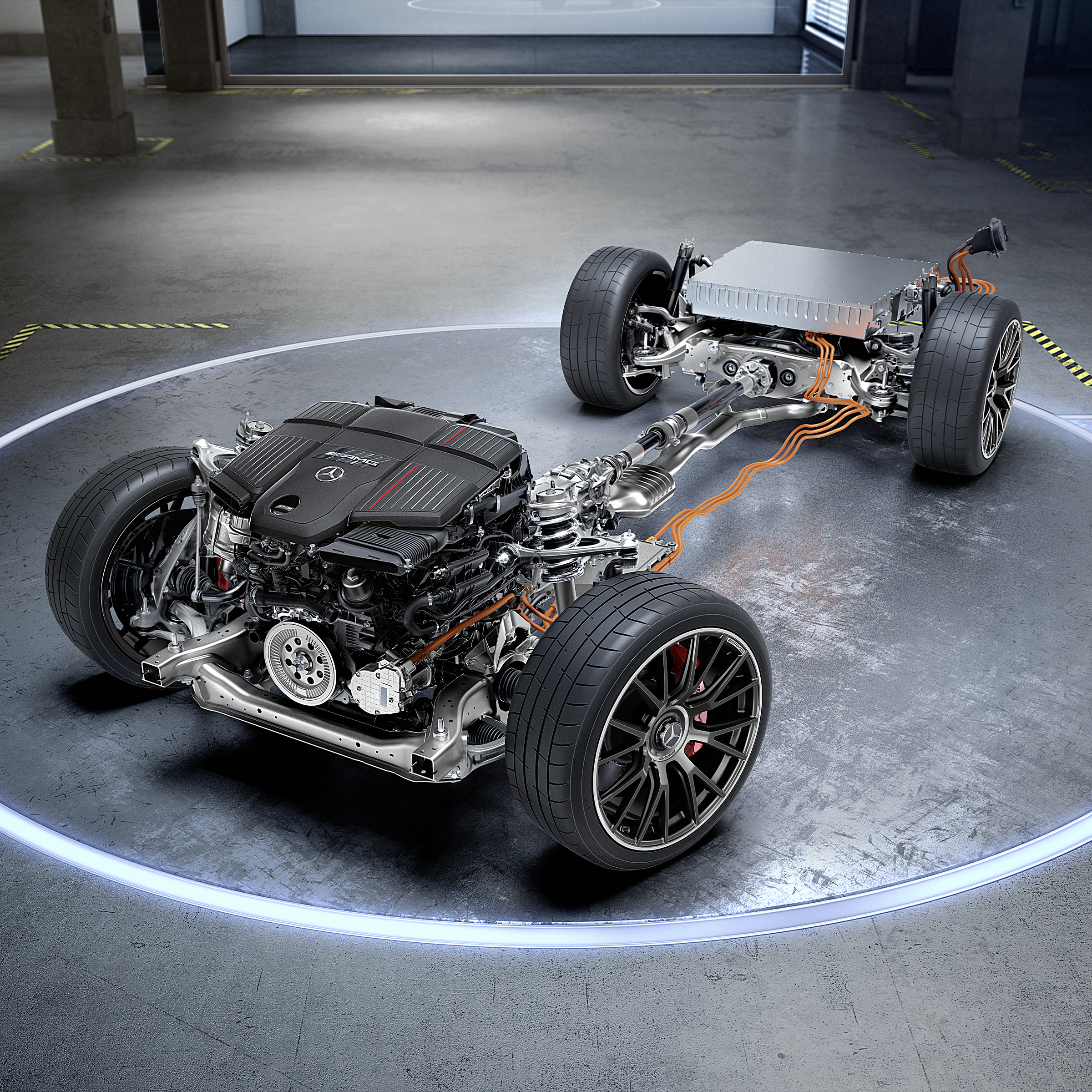 Chassis en aandrijflijn van de Mercedes-AMG E 53 HYBRID 4MATIC.