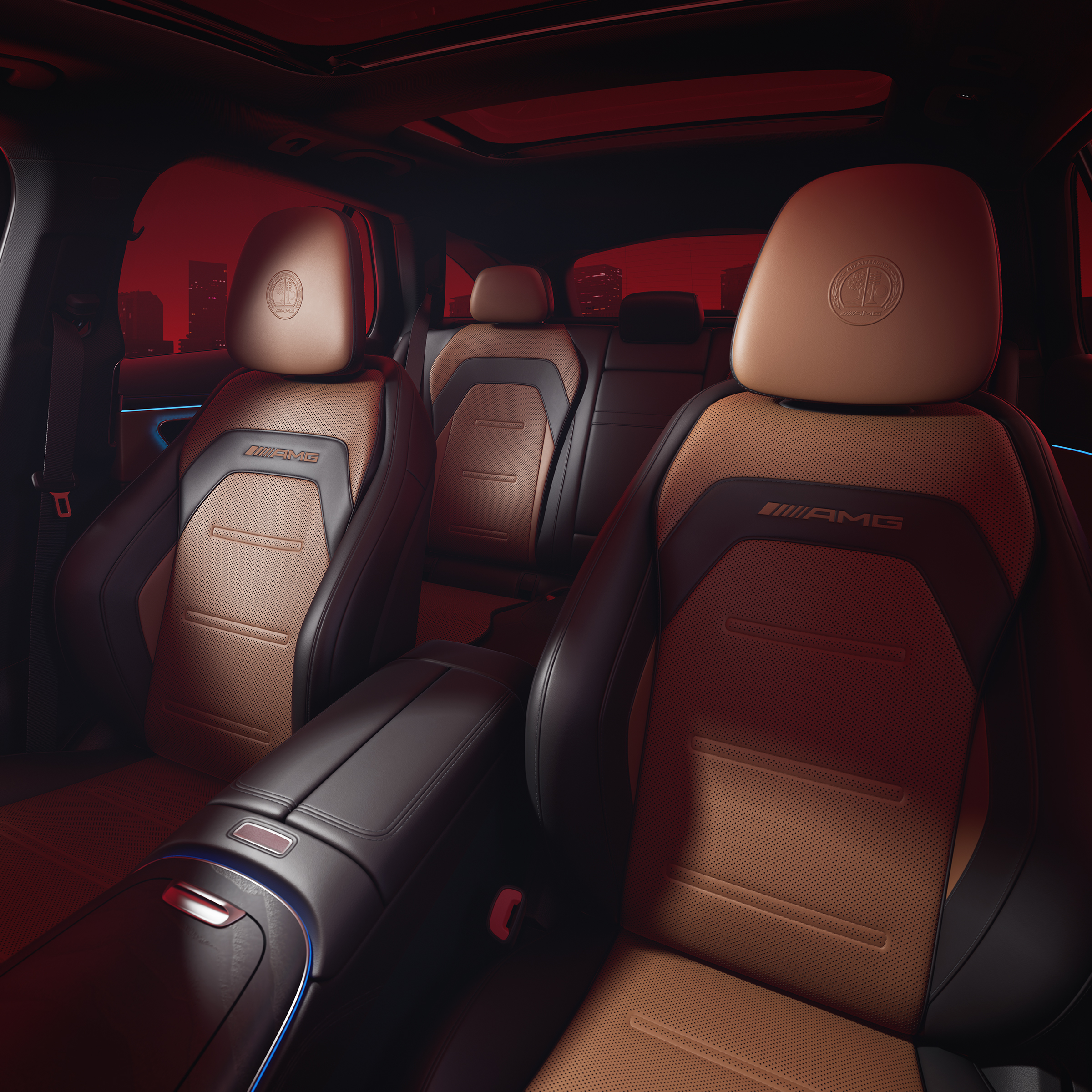 Weergave van de AMG Performance stoelen, gezien vanuit een geopend bestuurdersportier.
