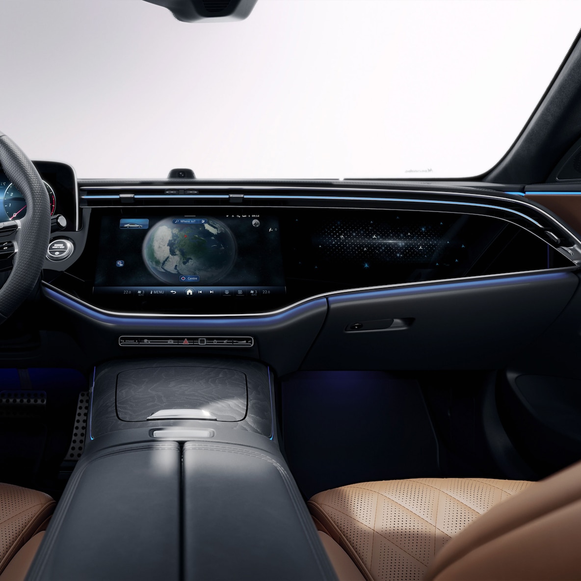 MBUX superscreen met selfie- en videocamera in de E-Klasse Limousine van Mercedes-Benz.