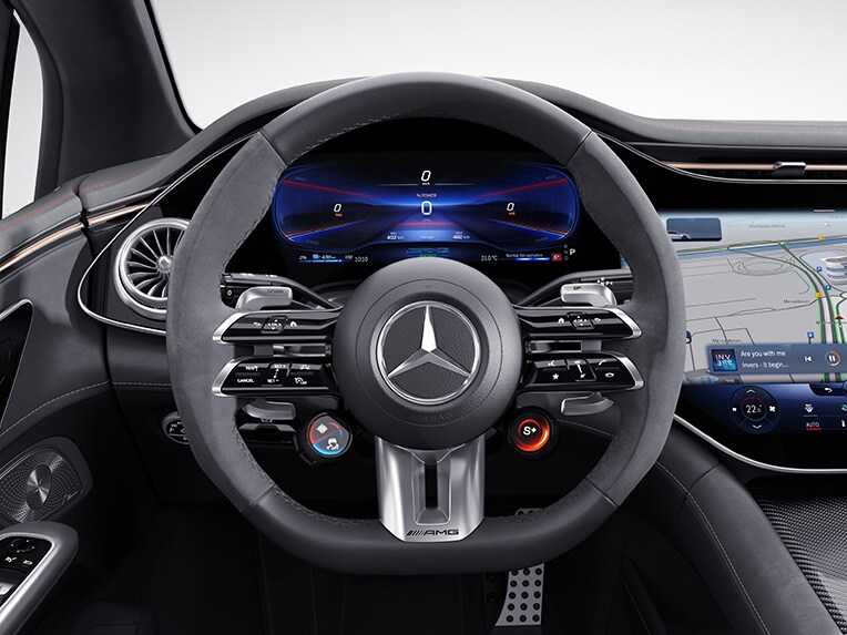 Het AMG Performance-stuurwiel in nappaleder/microvezel MICROCUT.
