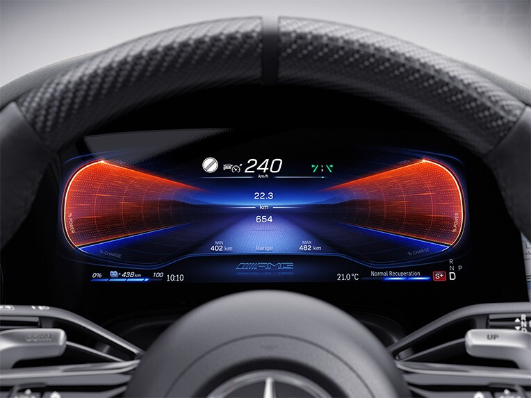 Een voorstelling van het AMG DYNAMIC PLUS-pakket in de Mercedes-AMG EQE Limousine.