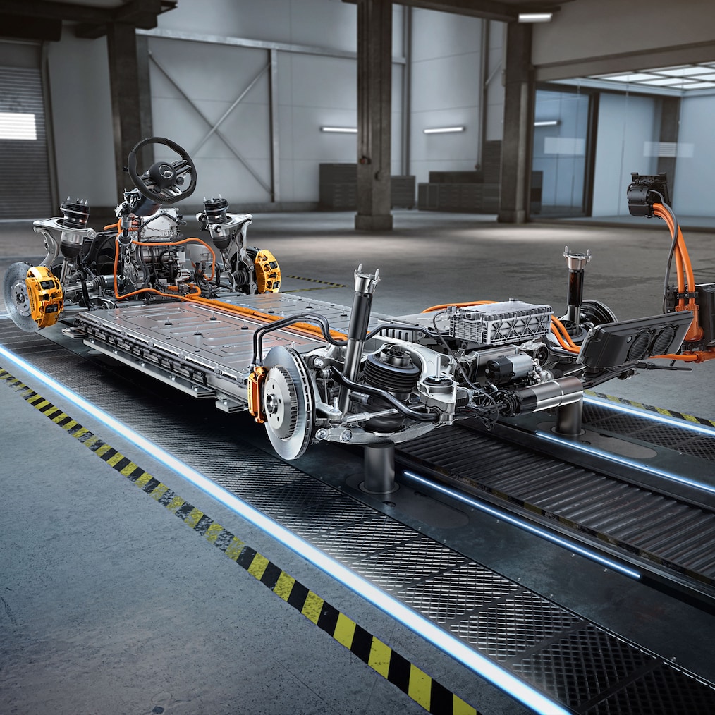 Chassis en aandrijflijn van de Mercedes-AMG EQE 53 4MATIC+ SUV.