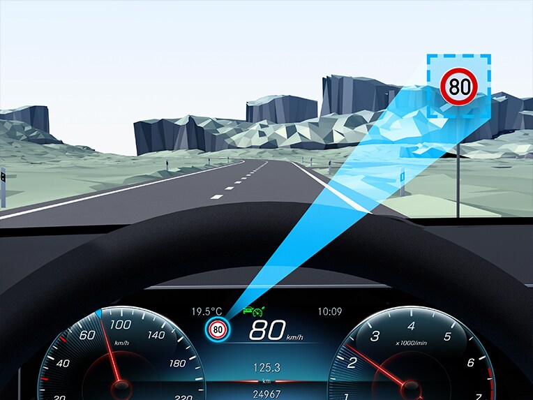 Een grafische voorstelling van de verkeersbordenassistent in de nieuwe Mercedes EQE SUV.