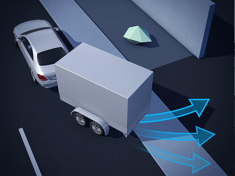 Weergave van de rangeerassistent voor aanhangwagens op een display in de nieuwe Mercedes EQE SUV.