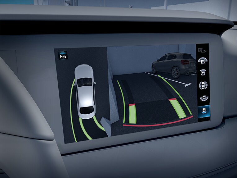 Het parkeerpakket met 360°-camera in de nieuwe Mercedes EQE SUV.