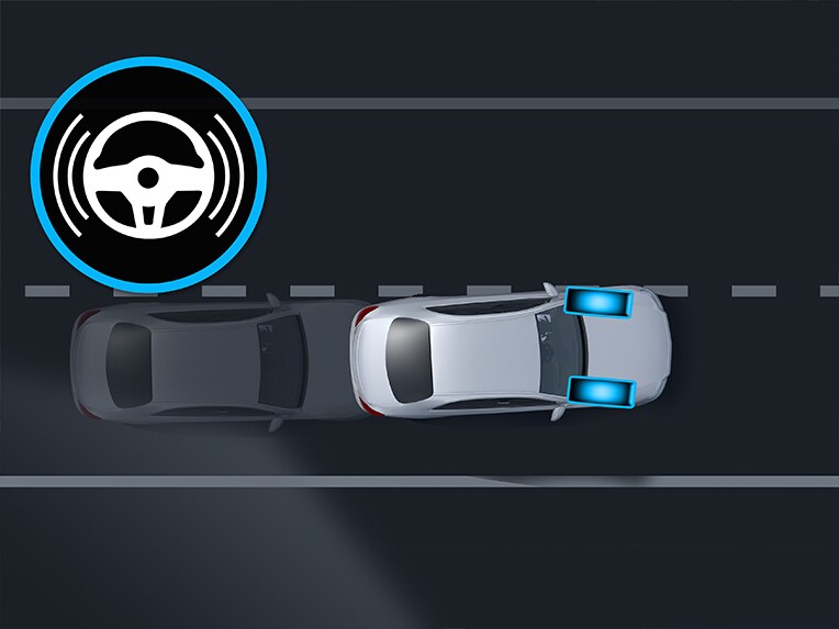 Een grafische voorstelling van de actieve spoorassistent in de nieuwe Mercedes EQE SUV.