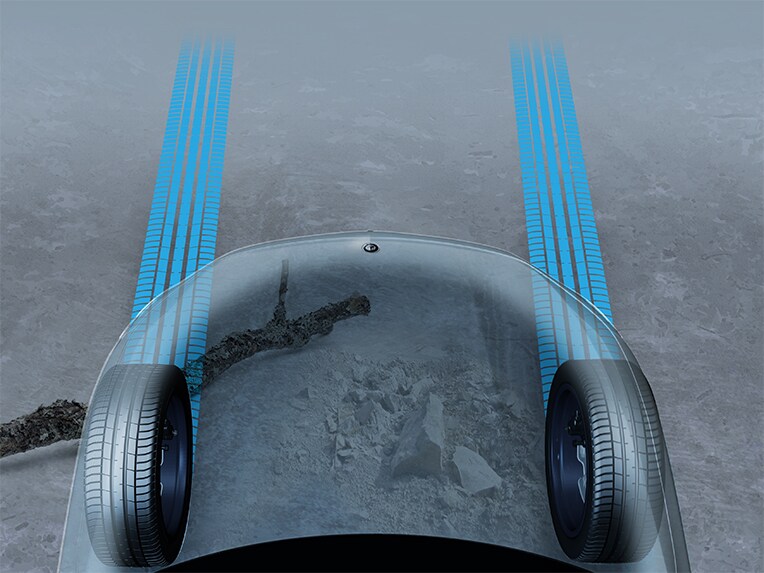 Een grafische voorstelling van de transparante motorkap in de nieuwe Mercedes EQE SUV.