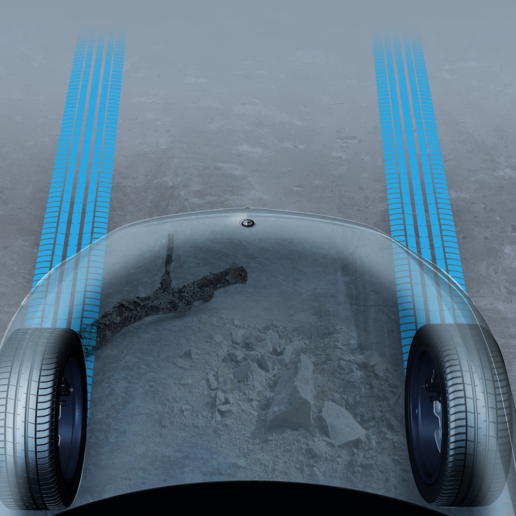 Grafische voorstelling van de transparante motorkap in de EQE SUV van Mercedes-Benz.