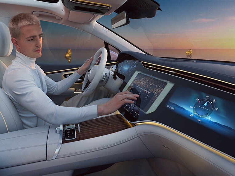 Het interieur van de nieuwe EQS SUV vanuit het perspectief van de voorpassagier.