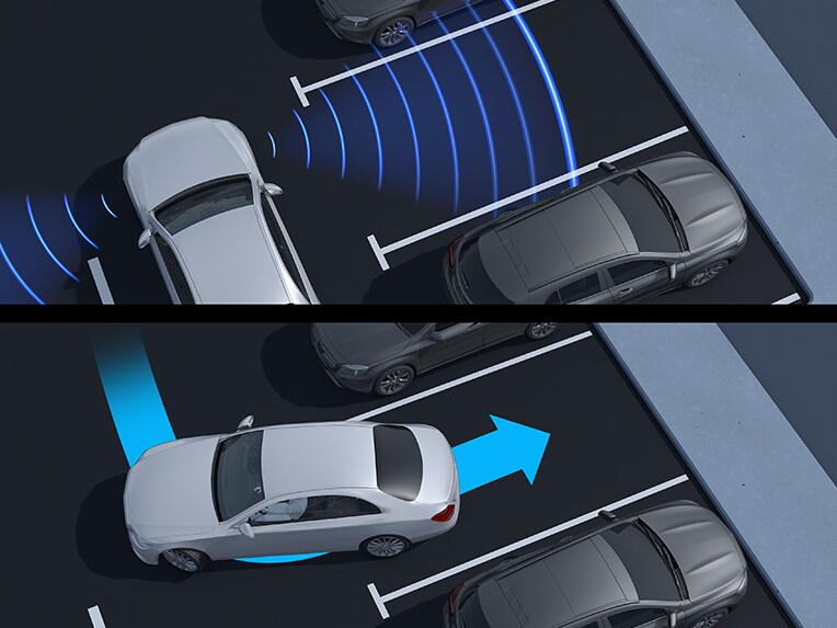 Actieve parkeerassistent met PARKTRONIC in de EQS Limousine van Mercedes-Benz.