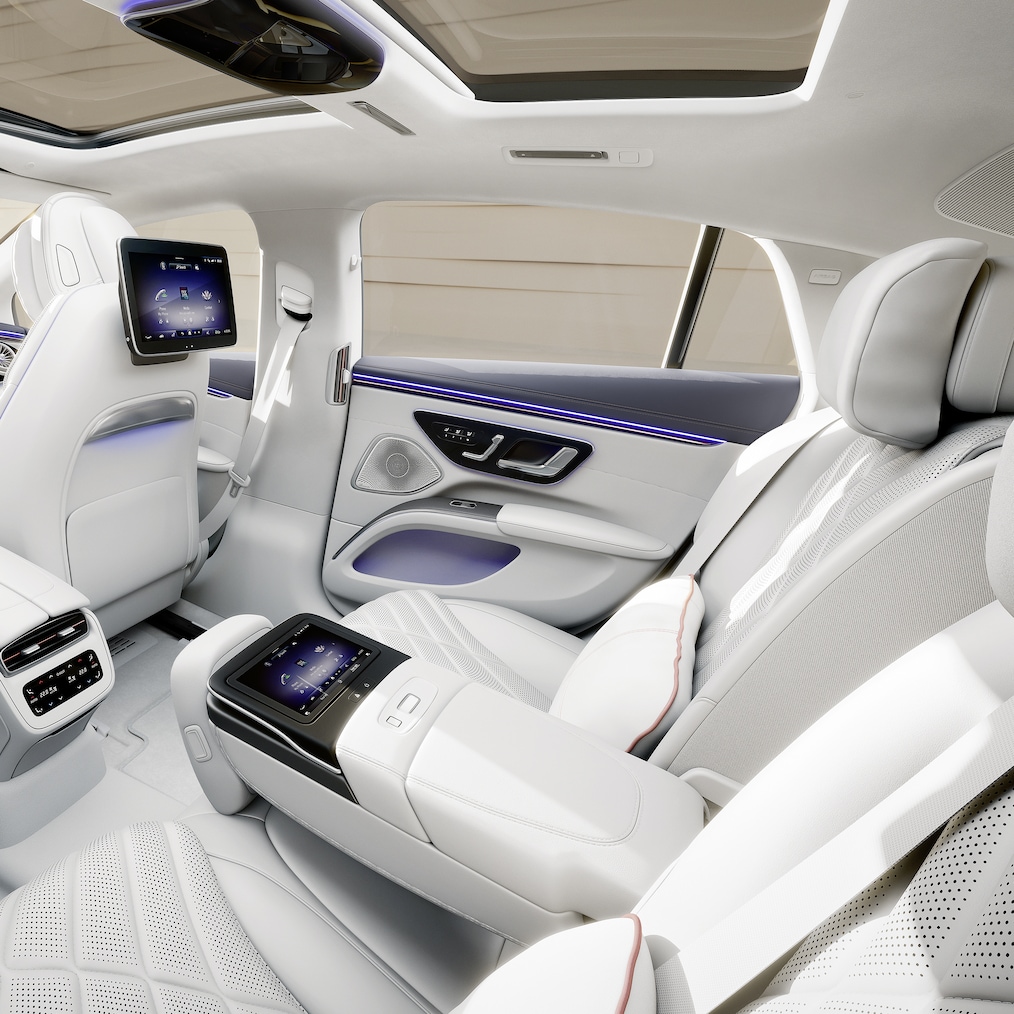 Achtercompartiment van de EQS Limousine van Mercedes-Benz.