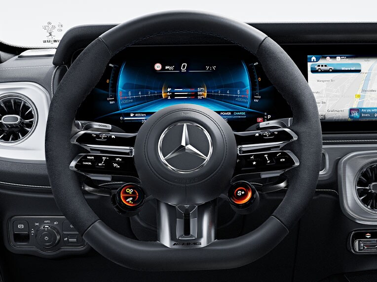 AMG Performance-stuurwiel in nappaleder/microvezel MICROCUT in de Mercedes-AMG G-Klasse.