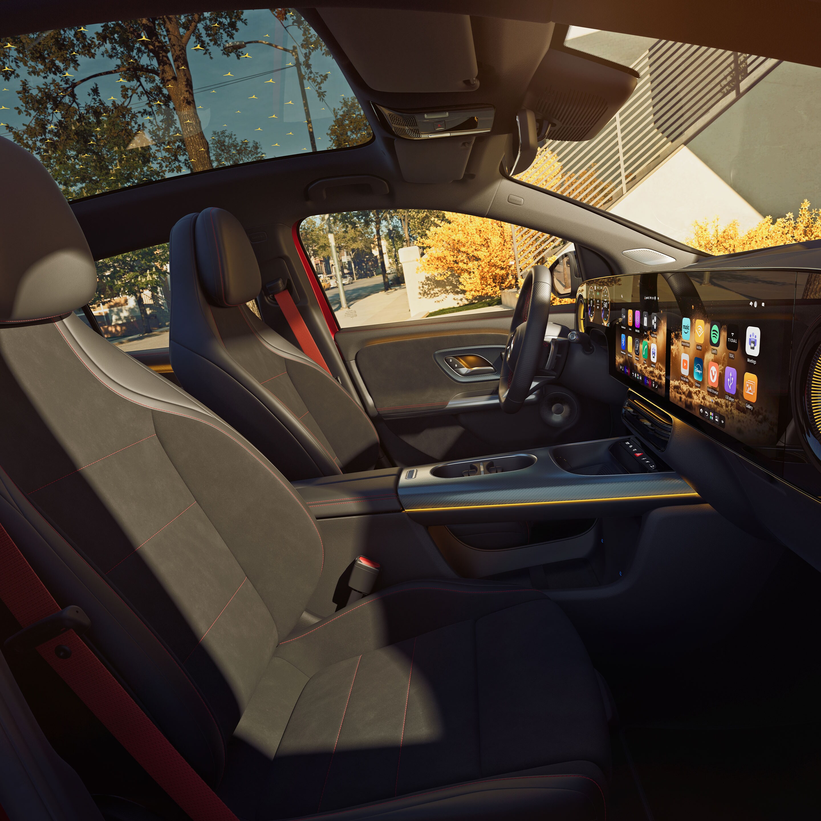 Het interieur van de volledig nieuwe elektrische Mercedes-Benz GLA, met zicht op de voor- en achterstoelen, gezien door het raam aan passagierszijde.