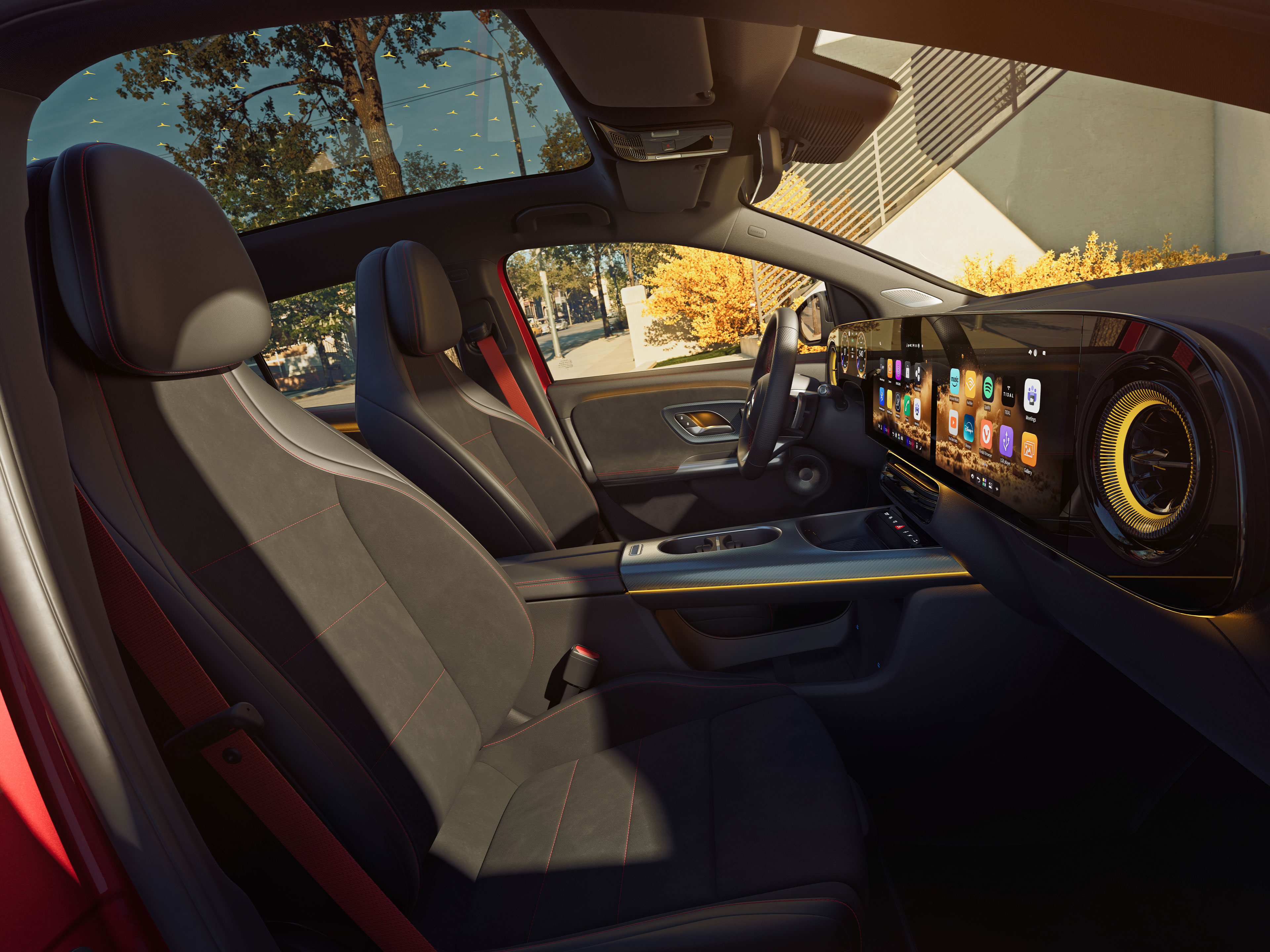 Interieur | Nieuwe elektrische GLA | Mercedes-Benz Het interieur van de volledig nieuwe elektrische Mercedes-Benz GLA, met zicht op de voor- en achterstoelen, gezien door het raam aan passagierszijde.