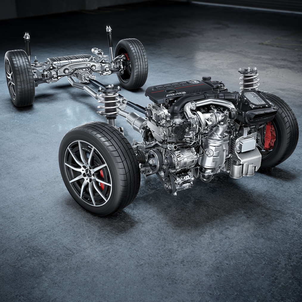 Het chassis met aandrijflijn van de Mercedes-AMG GLA 35 4MATIC.