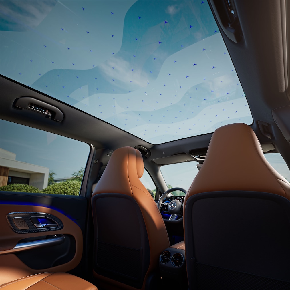 Het SKY CONTROL panoramadak van de volledig elektrische nieuwe GLB.