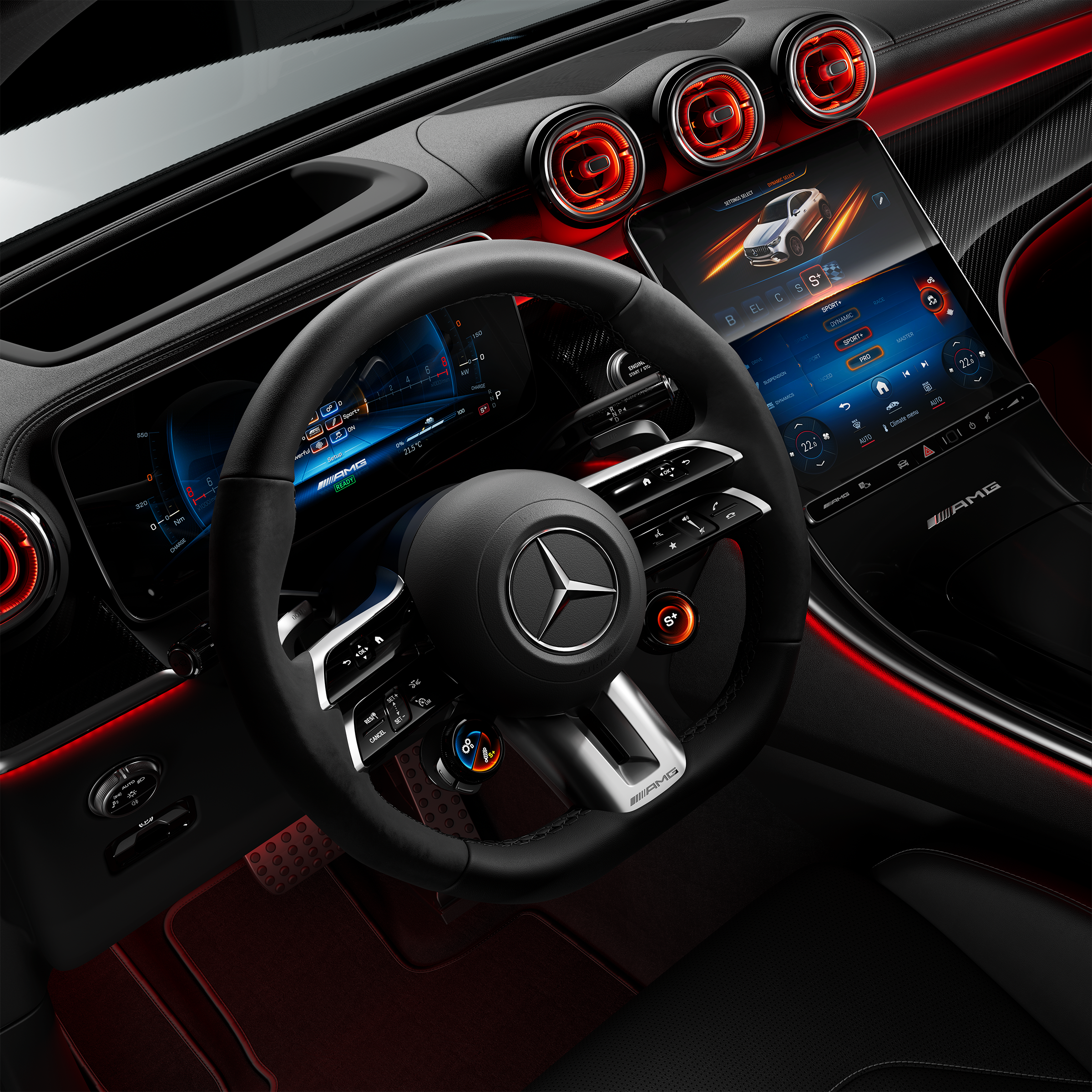 Close-up view van een  AMG Performance stuurwiel in een Mercedes-AMG GLC Coupé.