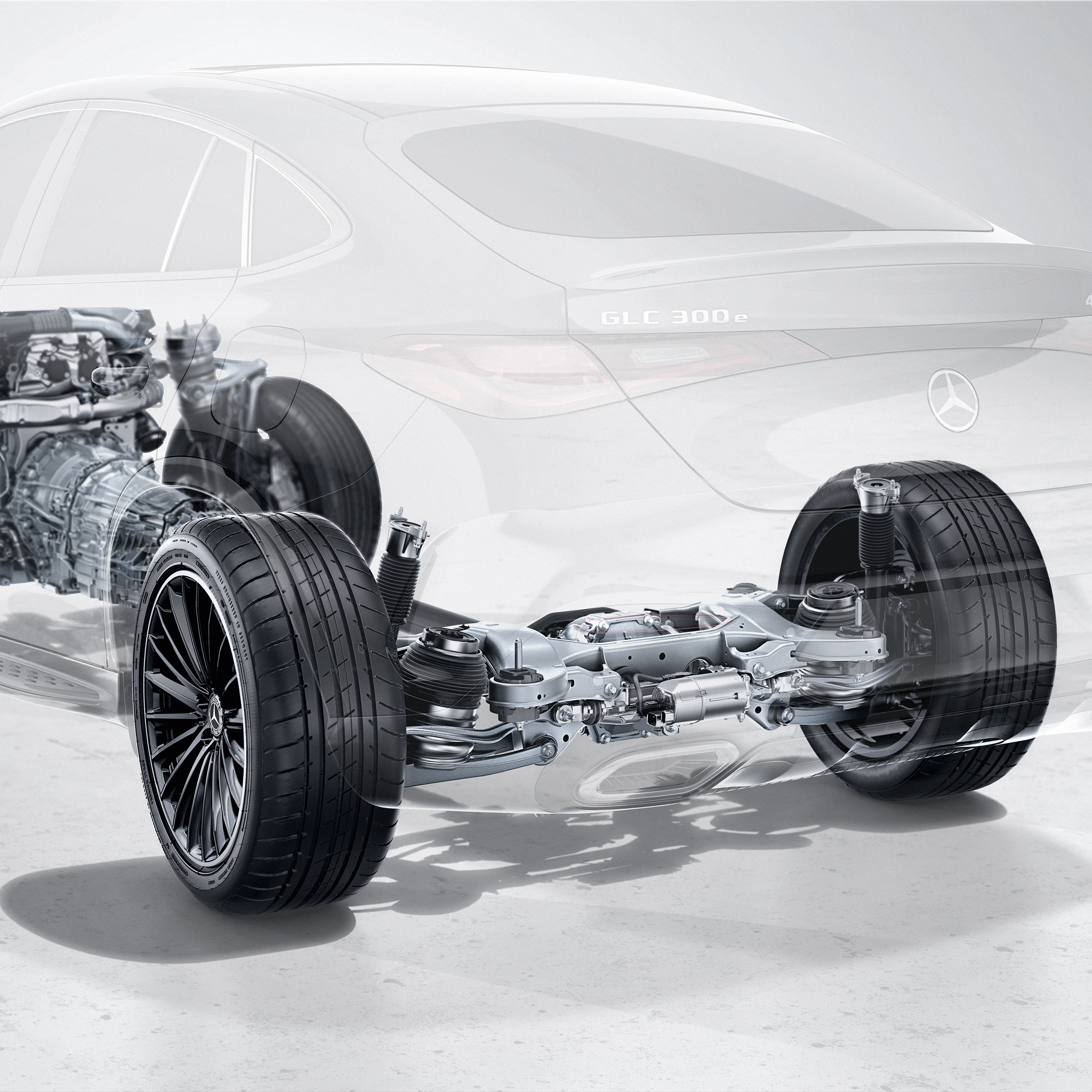 Het chassis van de Mercedes-Benz GLC.
