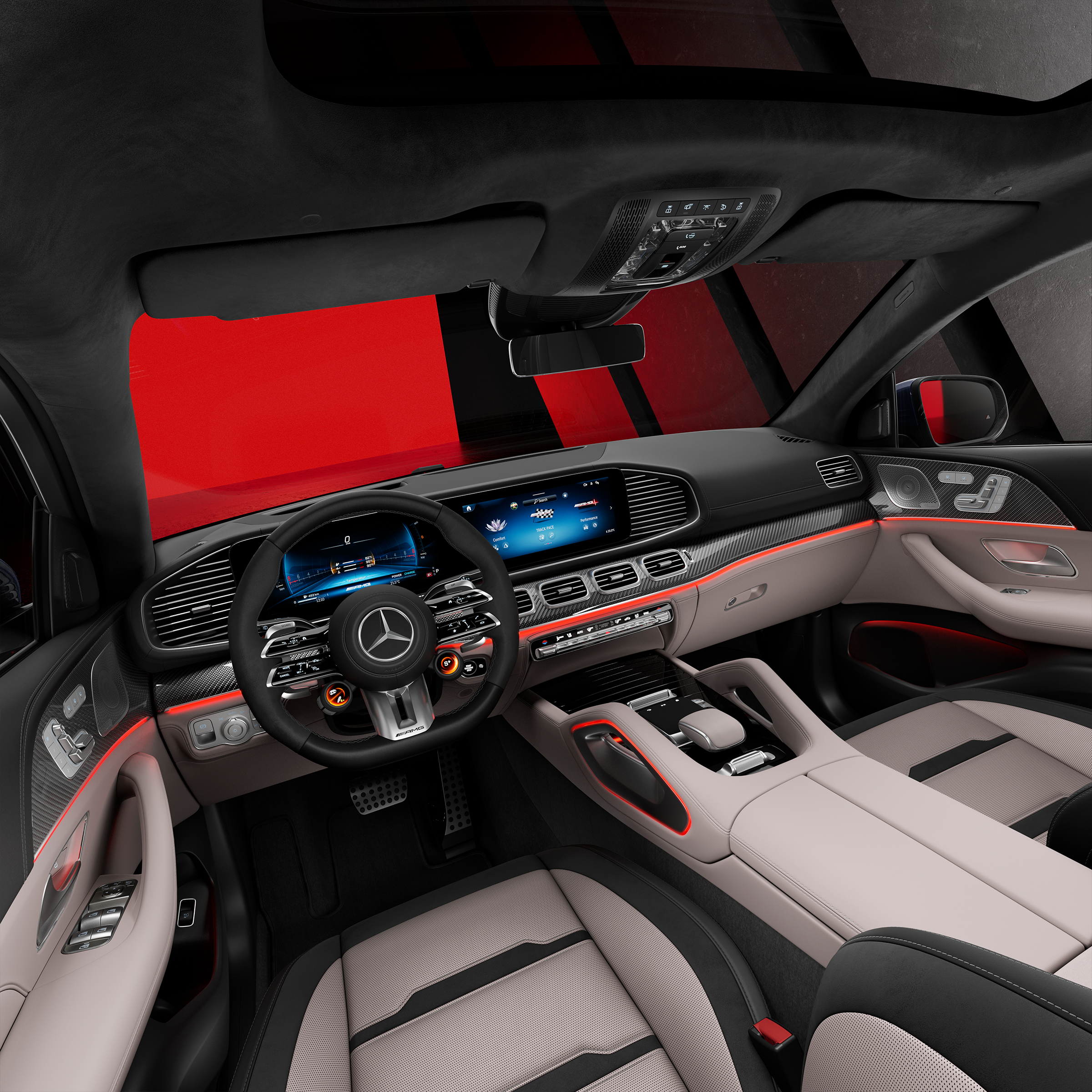 Zijaanzicht van de voorstoelen en cockpit van een Mercedes-AMG GLE Coupé.