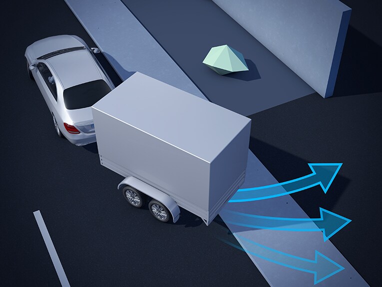 Een illustratie van de rangeerassistent voor aanhangwagens van de Mercedes-Benz GLE Coupé.
