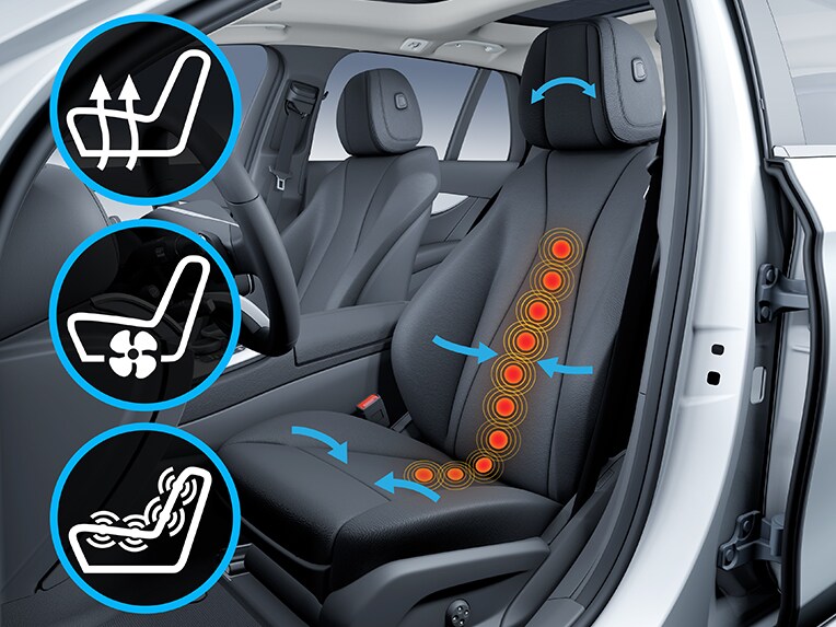 Een illustratie van de functies van de multicontourstoelen voor de bestuurder en voorpassagier in de Mercedes-Benz GLE Coupé.