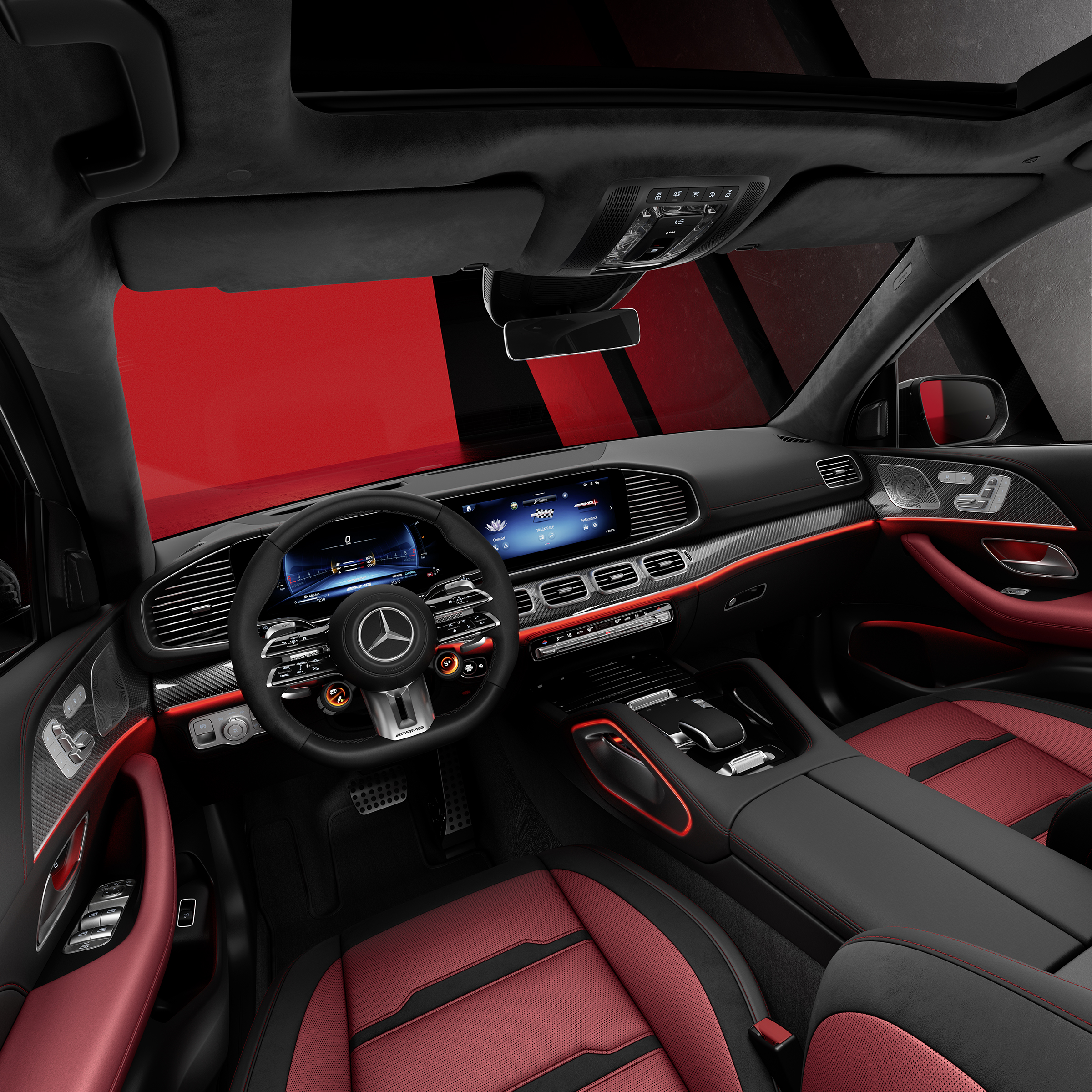 Zijaanzicht van de voorstoelen en cockpit van een Mercedes-AMG GLE SUV.
