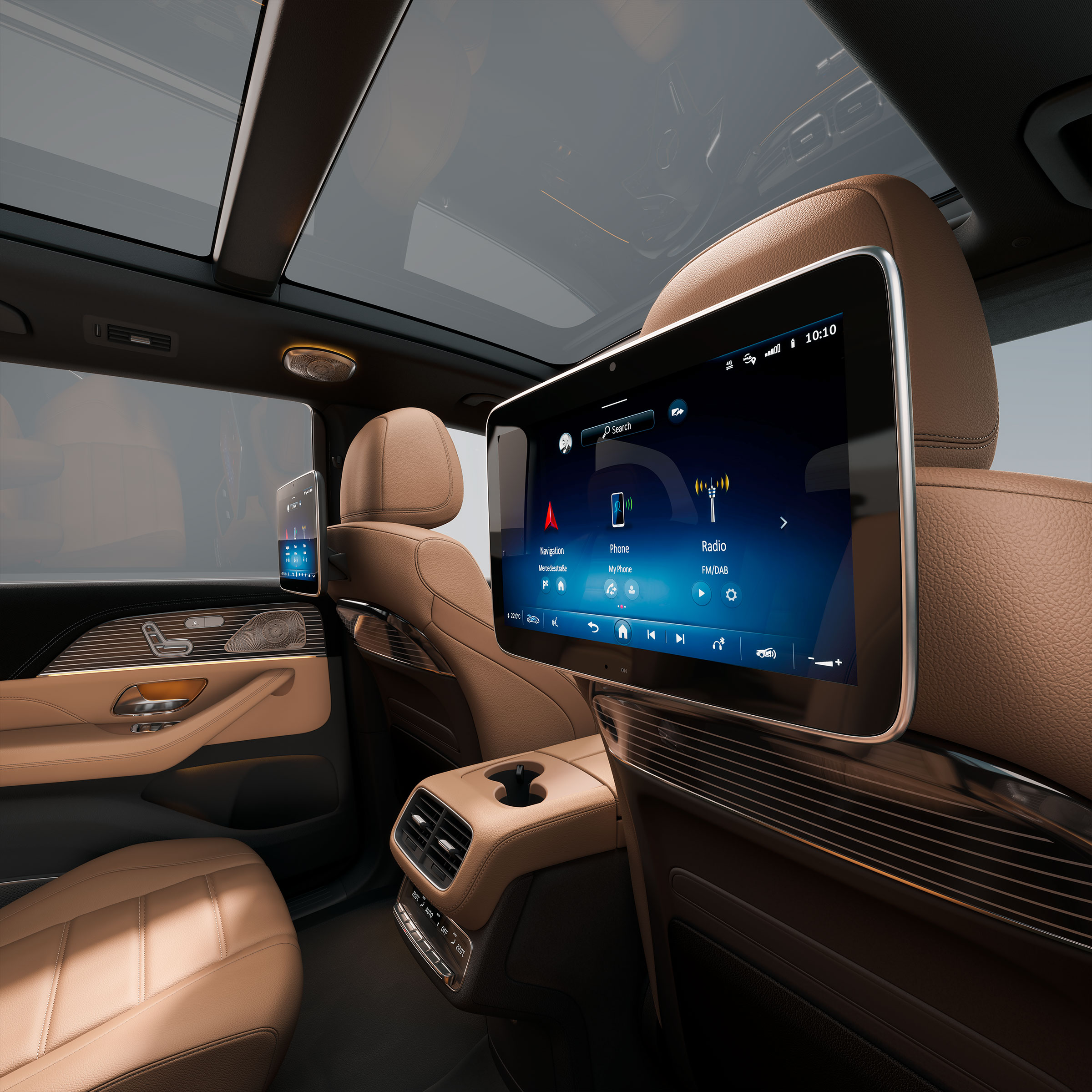 High-end MBUX-entertainmentsysteem achter in het interieur van de nieuwe GLS.