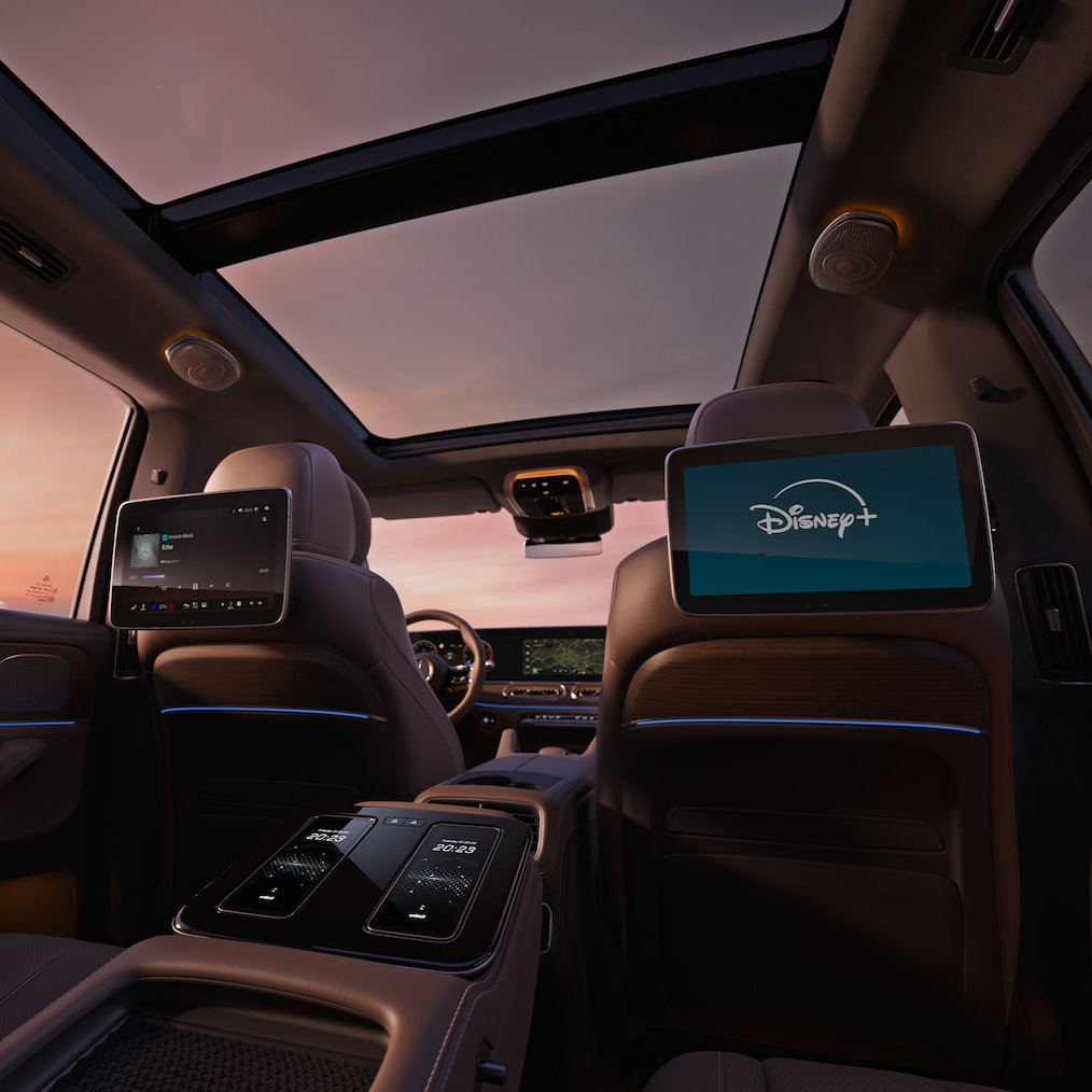Het MBUX high-end entertainmentsysteem achter van de nieuwe GLS van Mercedes-Benz.