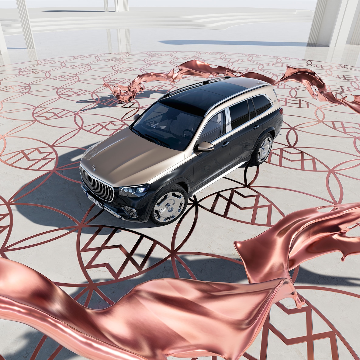 Frontaal zijaanzicht van de Mercedes-Maybach GLS 600 in vogelvlucht.