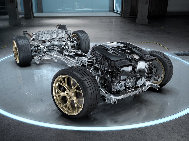 De illustratie van het aandrijfsysteem van Mercedes-AMG.