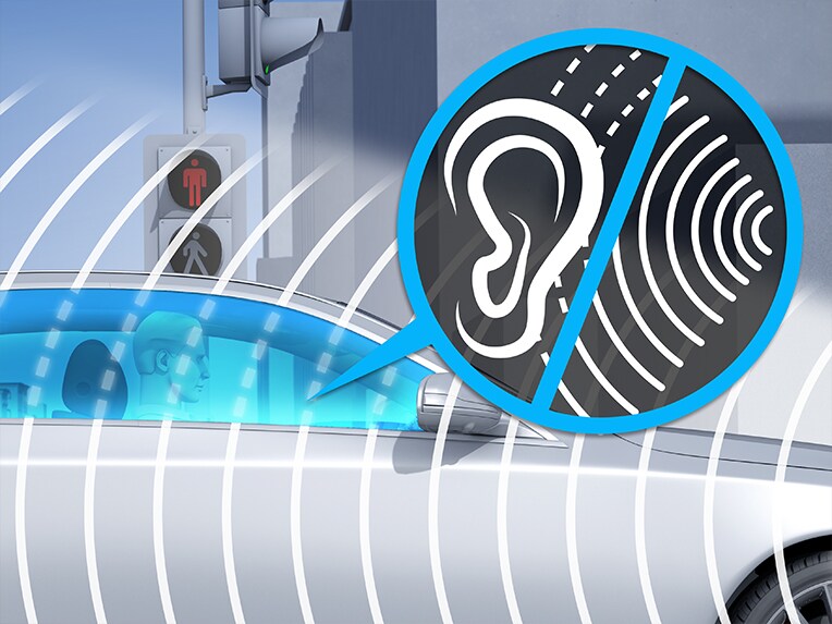 Illustratie van functies van het akoestiekcomfortpakket van de Mercedes-Maybach EQS SUV.